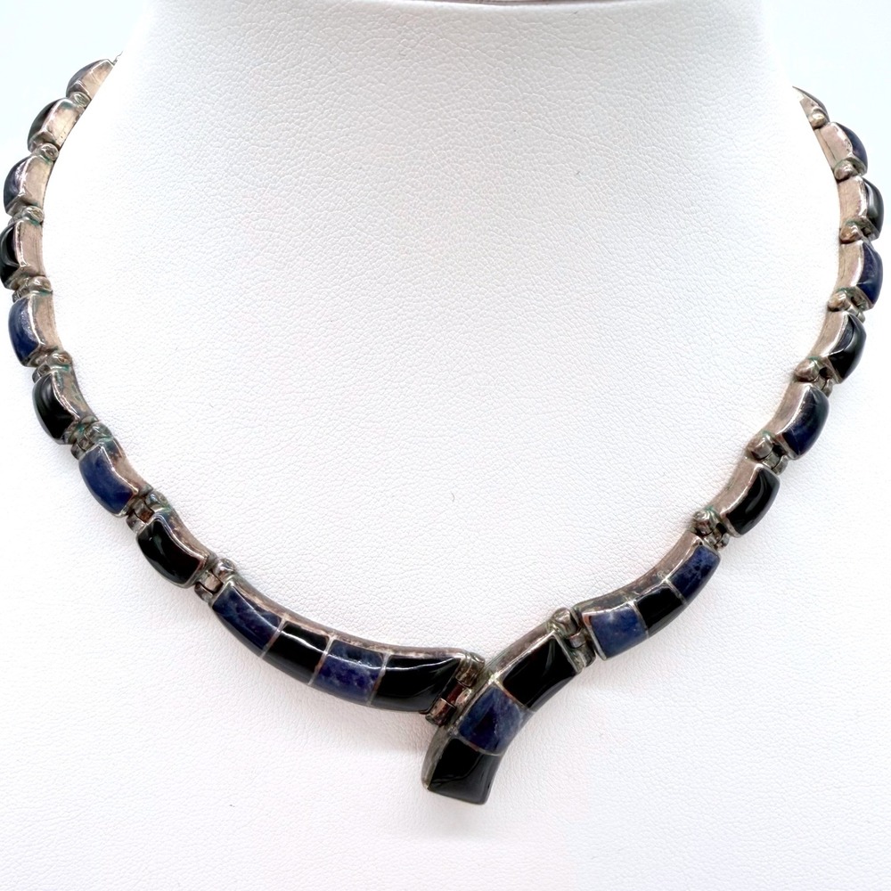 Vintage Taxco Mexican 950 Silver Blue Black Inlay Necklace Modernist TJ-88